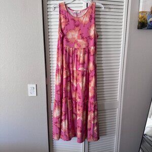 Pink Floral Tiered Midi Dress